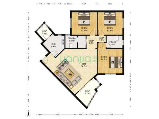同济北苑 3室1厅2卫 136平方