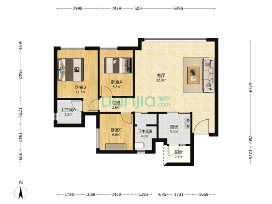 学樘金茂悦 3室1厅2卫 88平方