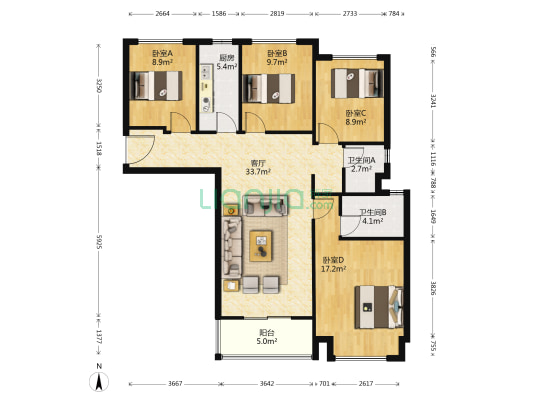 万科紫台紫馨苑 4室1厅2卫 128平方