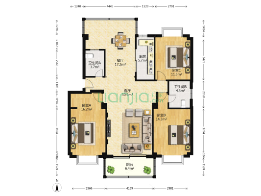 万龙商业城住宅区 3室2厅2卫 126平方