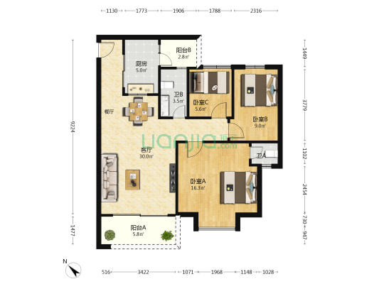 东方景翠居 3室1厅2卫 95平方