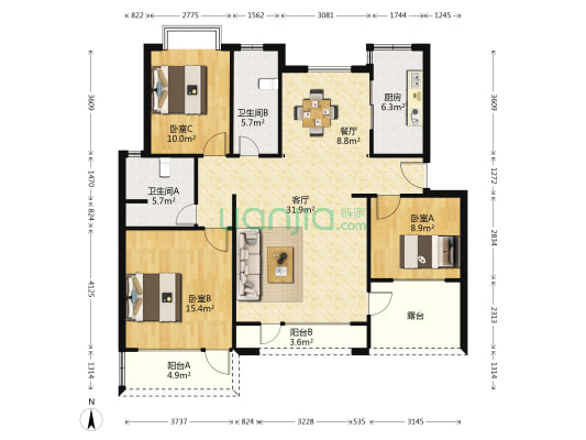 万科凭栏苑 3室2厅2卫 113平方