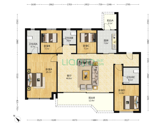 中海新川华府 4室1厅3卫 143平方