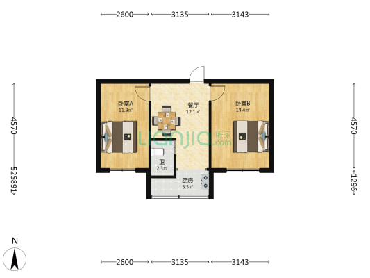 市政住宅小区 2室1厅1卫 54平方