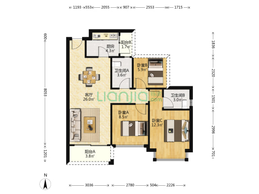 城南春天花园 3室1厅2卫 89平方