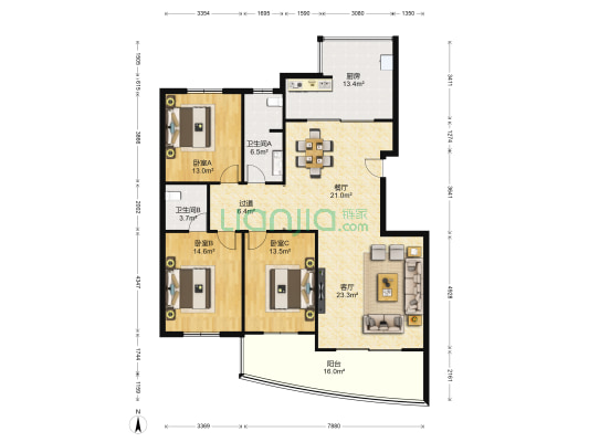 中银花园 3室2厅2卫 171平方