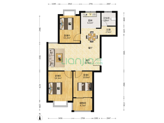 瑞元经典 3室1厅1卫 113平方