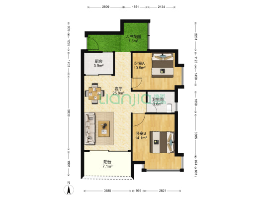 现代城 2室1厅1卫 87平方