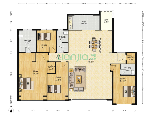 中海·峰境梅江 4室1厅3卫 227平方