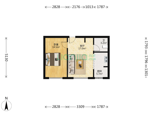 松北上品小区 1室1厅1卫 61平方