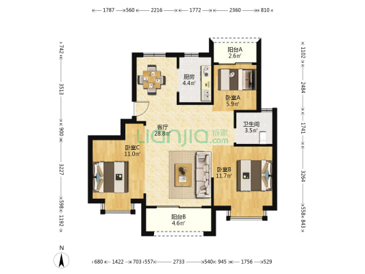 科创紫荆府 3室1厅1卫 95平方