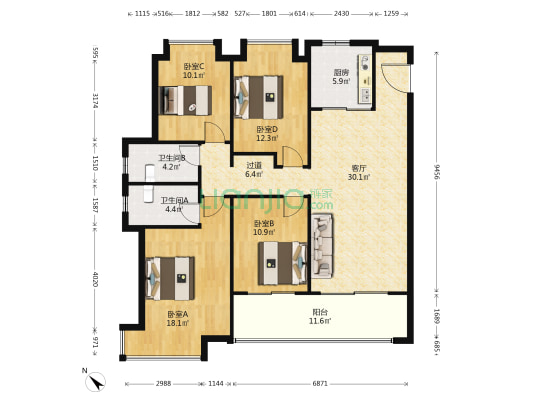 龙湖清能天奕 4室1厅2卫 140平方