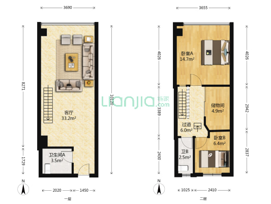 国际石材中心 2室1厅2卫 53平方