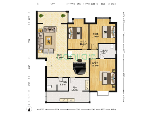 长桂源 3室1厅2卫 134平方