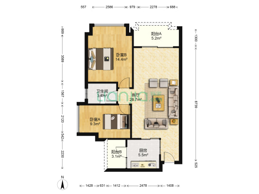 金华花园B区 2室1厅1卫 86平方