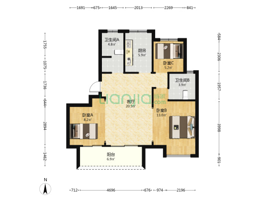 启航花苑 3室1厅2卫 14平方