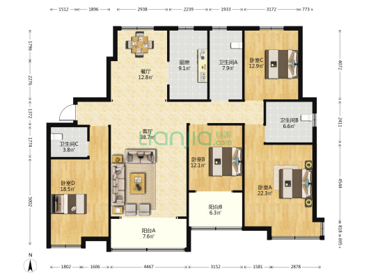 万浩金百合 4室2厅3卫 196平方