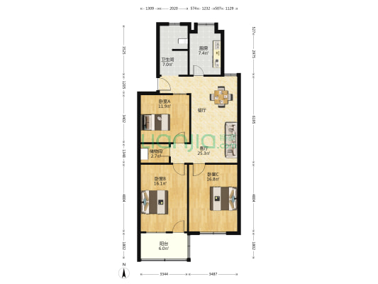 人防小区 3室1厅1卫 114平方