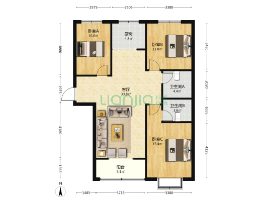 清桦上苑 3室1厅2卫 122平方