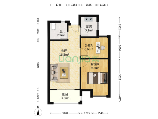 青年城1号 2室1厅1卫 63平方