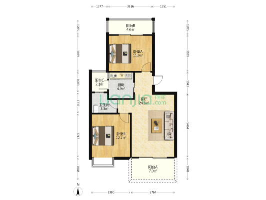 健吾公馆 2室1厅1卫 87平方