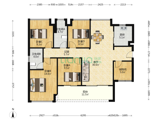 方圆·月岛首府 4室1厅2卫 127平方