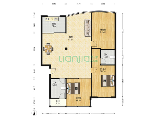 天翔赭山家园 2室1厅2卫 142平方