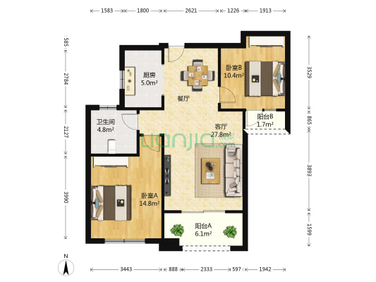 绿地香榭丽公馆 2室1厅1卫 96平方