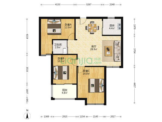 艾盛春天里 3室1厅1卫 92平方