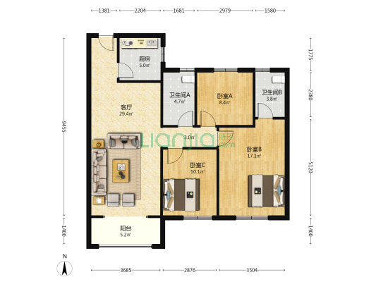 台湾不夜城 3室1厅2卫 121平方