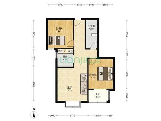 联合七号院   全两居室  高楼层不遮挡-户型图