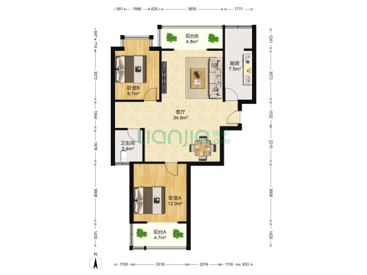 香槟城 2室1厅1卫 93平方