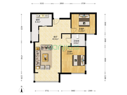 新天地家园 2室1厅1卫 114平方