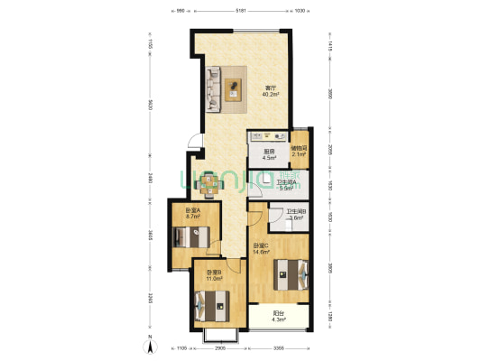 五洲时代城 3室1厅2卫 135平方