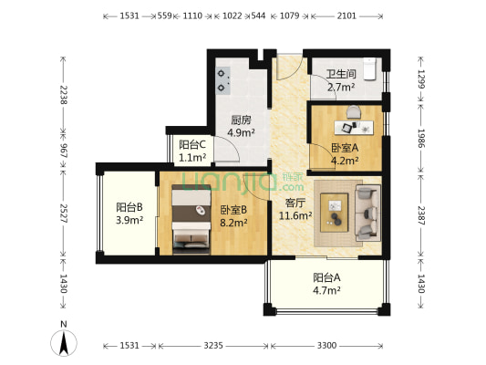 大世纪水山缘 2室1厅1卫 49平方