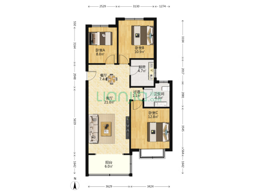 名悦豪庭 3室2厅1卫 110平方