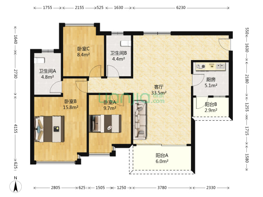 隽园 3室1厅2卫 113平方