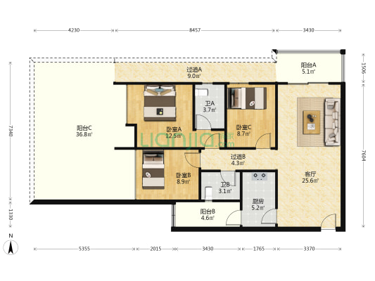 乐明轩 3室1厅2卫 91平方