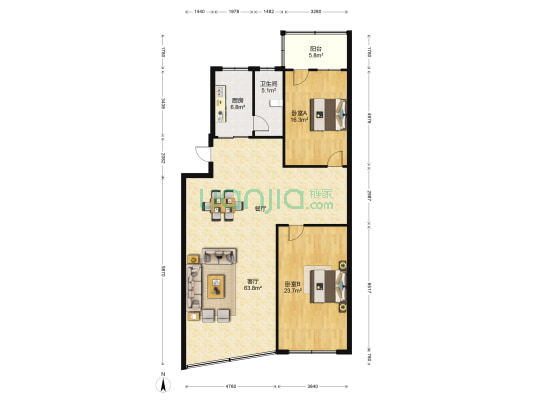 江南人家 2室1厅1卫 117平方