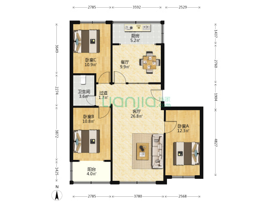 银河公寓 3室2厅1卫 102平方