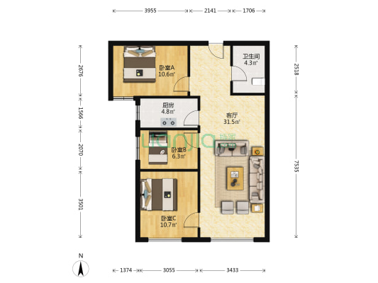 鸿坤理想湾  中高楼层三居  带装修满二-户型图