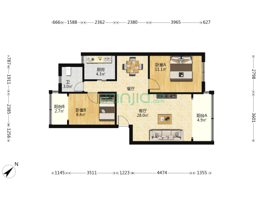 边检宿舍 2室1厅1卫 73平方