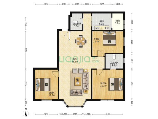 世纪大厦 3室1厅2卫 143平方