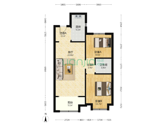 远洋红星太原天润 2室1厅1卫 89平方
