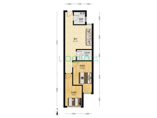 钻石广场全朝阳两居室，可贷款，房本满五 房子干净-户型图