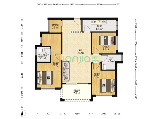 龙湾天悦 3室1厅2卫 100平方