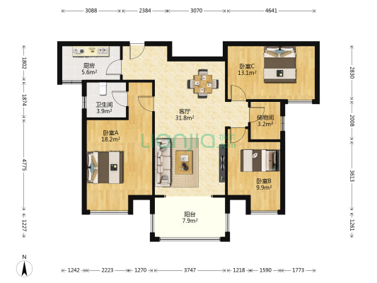 腾业南院 3室1厅1卫 115平方
