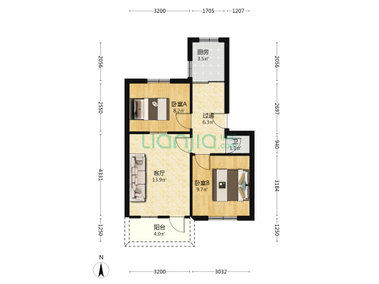 砂轮厂宿舍 2室1厅1卫 58平方