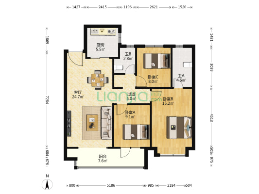 长安金茂悦 3室1厅2卫 115平方