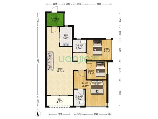 万科金域滨江三期(翡翠湾) 3室1厅2卫 94平方